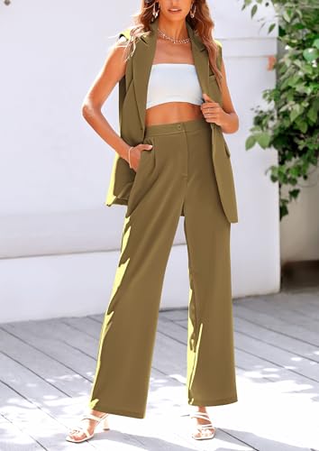 Image of PRETTYGARDEN Women's 2 Piece Outfits Sleeveless Suit Vest and Wide Leg Pants Business Casual Blazer Sets