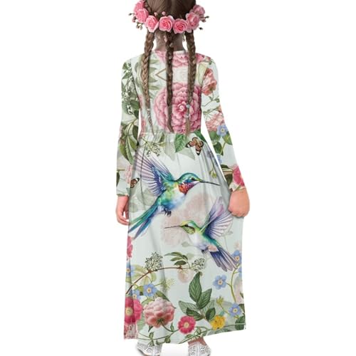 JEOCODY Floral Hummingbird Girls Dress Casual Long Sleeve Dress Size 5 6 Soft Kids Dress Flowy Swing Long Maxi Dress with Pockets Fall Swing Clothes A-Line Summer Holiday Long Dress2