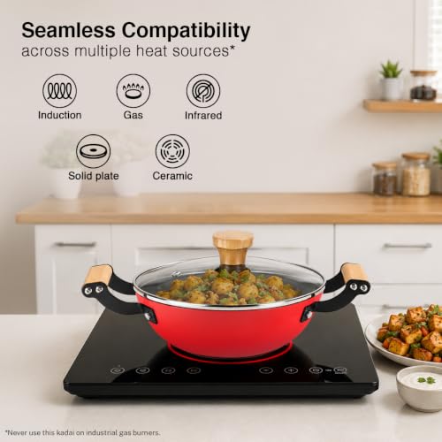 Image of Prestige Castlite Enamel Coated Cast Iron Kadai 20cm / 1.4L | Lightweight, High Heat Retention | Gas & Induction Compatible | Low-Oil Cooking | Stay-Cool Wooden Handles | Easy Clean | 15Y Warranty