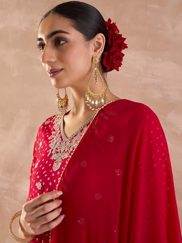 Image of INDO ERA Women's Georgette Floral Embroidered A-Line Kurta & Pant with Dupatta Set