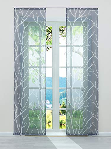 ESLIR Schiebegardinen Set 2er Flächenvorhänge Gardinen mit Klettband Schiebevorhang Transparent Vorhang mit Zweige Muster Voile Grau BxH 57x145cm 2 Stück