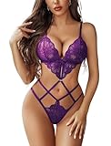 Avidlove Women Lingeries Deep V Teddy Lingerie Sexy Lace Bodysuit Cut Out One Piece Mini Babydoll Purple