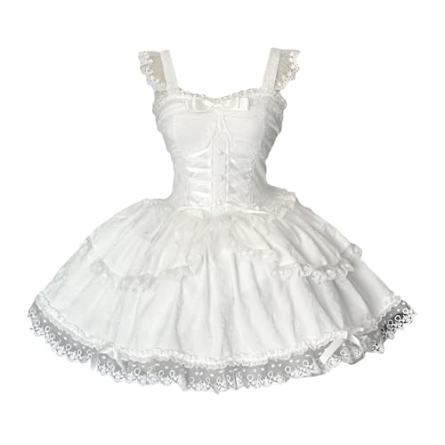 Cuteighteen Lolita Sleeveless Short Dress Teens Cute Lace Decor Graduation Cocktail Princess Halloween Party Juniors Dresses, White, L