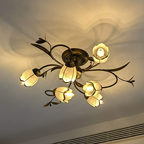 Ottoson Rustic Flower Vine Semi Flush Mount Ceiling Light Wrought Iron Light Fixtures Farmhouse 6 Lights Antique Ceiling Mounted Chandelier With Rural Cream Glass Shade, 23.6" W #TOP1