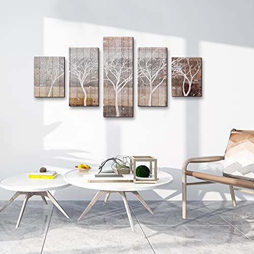 Aitesi Art Autumn Painting On Canvas White Tree Silhouette On Wooden Background Wall Art 5 Piece Large Landscape Falling Leaves Fall Artwork Framed Ready To Hang For Home Decoration 32X60Inch #TOP3