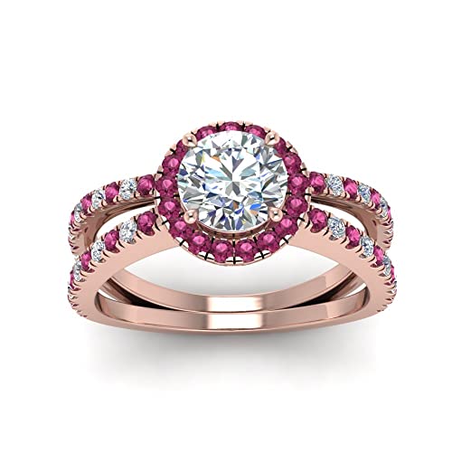 Image of 55Carat Choose Your Gemstone Reverse Split Shank Halo Diamond CZ Ring Rose Gold Plated Round Shape Halo Engagement Rings Matching Jewelry Wedding Jewelry Easy to Wear Gifts US Size 4 to 12