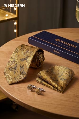 Image of HISDERN Ties for Men Paisley Tie and Pocket Square Cufflinks Set Formal Classic Floral Necktie Handkerchief Wedding Party