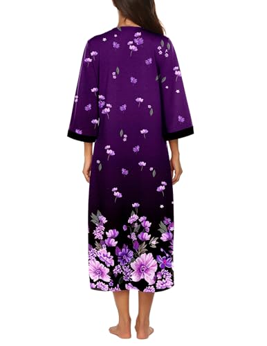 Image of Ekouaer Women Zipper Robe 3 /4 Sleeves Loungewear Dress Full Length Sleepwear Pockets Housecoat Nightgown Long Bathrobe