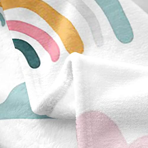 Cartoon Rainbow Throw Blanket Queen Inch, Kawaii Cloud Blanket For Girls Kids Boys, Colorful Hand Painted Sky Fleece Blanket, Yellow Blue Fuzzy Blanket, Luxury Soft Living Room Decor #TOP2