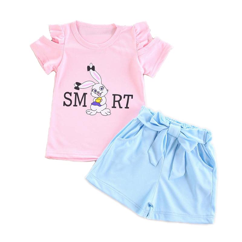 Image of Bold N Elegant Girls Cotton Summer Clothing Set | Cute Bunny Print Ruffle Sleeve Top with Tie-Waist Shorts | Soft & Breathable Kids Co-Ord Outfit Set for Baby Girls & Toddlers (6 Months-5 Years)