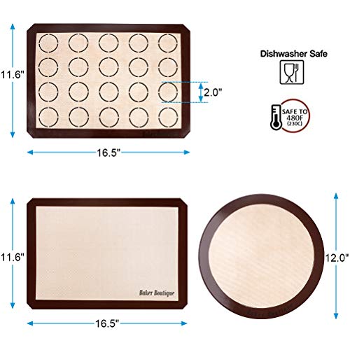 Silicone Baking Mats Set of 3, Non-stick Silicon Liner for Bake Pans & Rolling, Reusable Heat Resistant Cookie Half Sheet for Bread/Pizza/Macaroon, Round and Rectangle