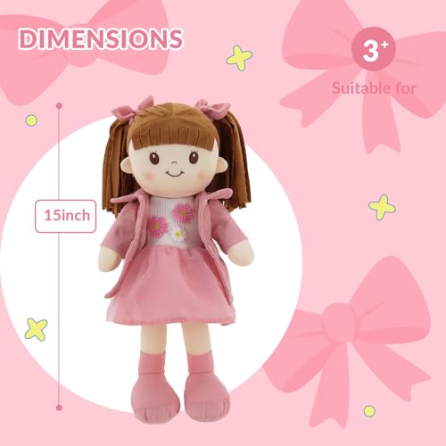 Linzy 15" Little Sweet Hearts Emily Doll - Adorable My First Plush Rag Doll for Girls - Soft Baby Doll with Braided Pigtails & Bows, Washable Sensory Cloth Baby Doll, Stuffed Doll for Toddlers by Linzy - Used condition - Image 6