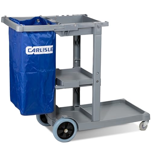 Carlisle FoodService Products Janitorial Cart Short Platform Cart with 25 Gallon Trash Bag for Restaurants, Hospitals, and Schools, Plastic, 45 X 19 X 39 Inches, Gray