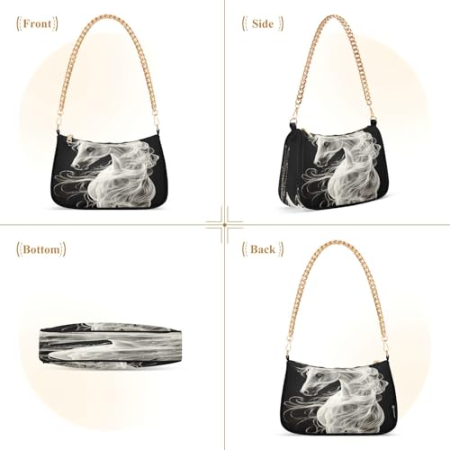 Shoulder Bags for Women White Horse Black Background Hobo Tote Handbag Small Clutch Purse with Zipper Closure2