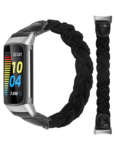 TOYOUTHS kompatibel mit Fitbit Charge 5 Geflochten Solo Loop Armband, Damen Schmal Elastisches Uhrenarmband Sommer gewebt Sport Ersatzarmband für Charge 5 (Schwarz, M) Cover