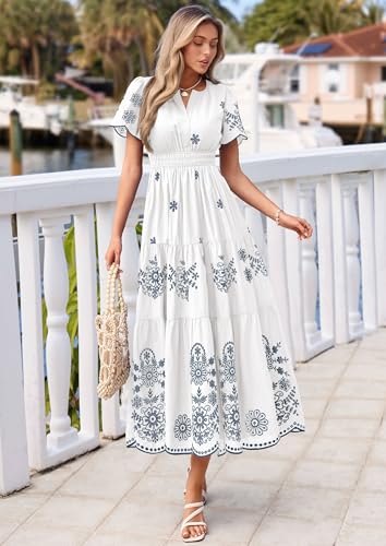 Image of PRETTYGARDEN Womens Summer Dresses Floral Maxi Boho Spring Long Dress | Lightweight Cotton Embroidery, V Neck Short Sleeve Empire Elastic Waist, Flowy Vacation Wedding Guest Dresses, with Pockets