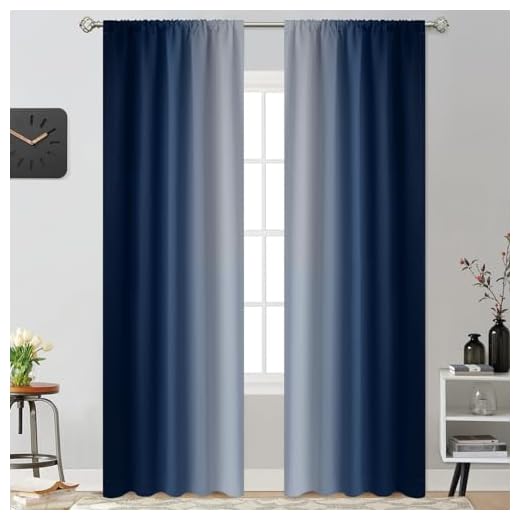 Yakamok Light Blocking Ombre Curtains, Room Darkening Thermal Insulated Gradient Color Curtains, Rod Pocket Window Drapes for Living Room/Bedroom (Blue and Greyish White, 2 Panels, 52W x 84L Inch)