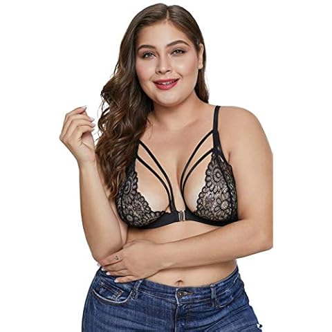 Plus Size Sexy Bralette Lingerie for Women,Floral Sheer Lace Strappy Bra Top (Black, 4X-Large) Cover