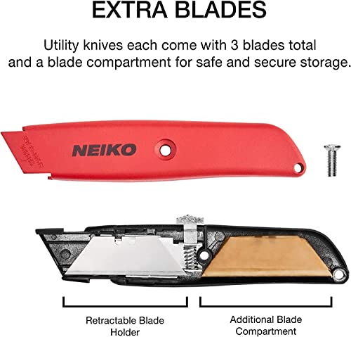 Image of NEIKO 00679A Safety Box Cutter, Retractable Utility Knife, 2 Pack, 3 Extra Razor Blade Refills with Every Cardboard Box Knife, Razor Knife, Carpet Cutter, Self Lock Box Opener, Hobby Knife