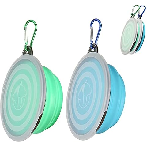 SLSON Collapsible Dog Bowls 2 Pack Dog Travel Bowl with Lid and Carabiners Pet Feeding Water Bowl Porable Dog Feeder for Waling, Travellling and Daily Use, Light Blue and Light Green Cover