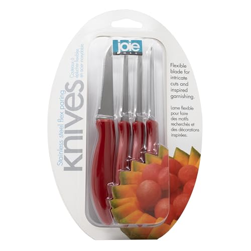 Joie Paring and Garnishing Knives, Set of 4, Stainless Steel, 2.75-Inch Tapered Blade for Maximum Precision, Ergonomic Handle, Colors May Vary