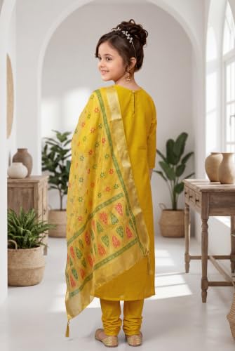 Image of Girls Cotton Blend Embroidered Kurta Pant with Printed Banarasi Style Dupatta Set | Festive Ethnic Wear for Kids | Traditional Suit Set for Girls (4-14Years)