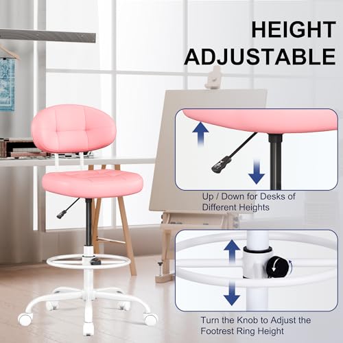 Image of Misolant Drafting Chair, Armless Tall Office Chair with Footrest Ring for Standing Desk, Small Faux Leather Executive Computer Chair with Adjustable Height for Bar Lab Counter Height Desk, Pink