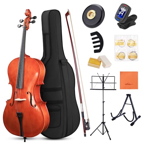 ADM 4/4 Full Size Acoustic Cello, Beginner Acoustic Cello Kit with Portable Bag, Stand, Bow, Mute, Rosin, Tuner, Music Stand, Endpin Holder for Beginner Adults & Students