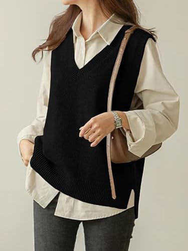 Image of Wowcarbazole Womens V Neck Sweater Vest Casual Ribbed Knitted Sleeveless Trendy Pullover Tank Tops Fall