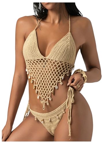 MakeMeChic Women's Boho Hollow Out Halter Bikini Sets Shell Crochet Summer Beach Swimsuit Bathing Suit Khaki Small
