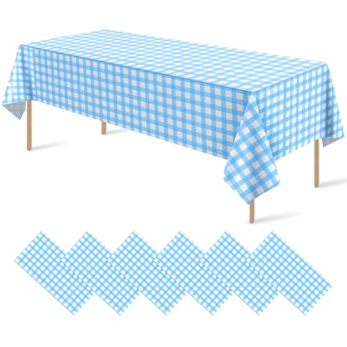 Image of 6Pack Light Blue and White Plastic Checkered Tablecloth, Premium Decorative Disposable Light Blue Gingham Plaid Tablecloth for Party, Rectangle Party Table Cover for Picnic Farm Birthday, 54x108 Inch