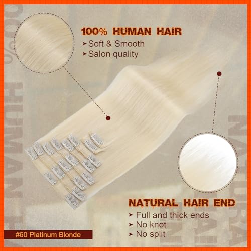 Image of Benehair Clip in Hair Extensions Real Human Hair Blonde Hair Extensions Clip in Human Hair Long Straight Remy Natural Full Head 8pcs Real Hair Extensions for Women 24inch #60 Platinum Blonde