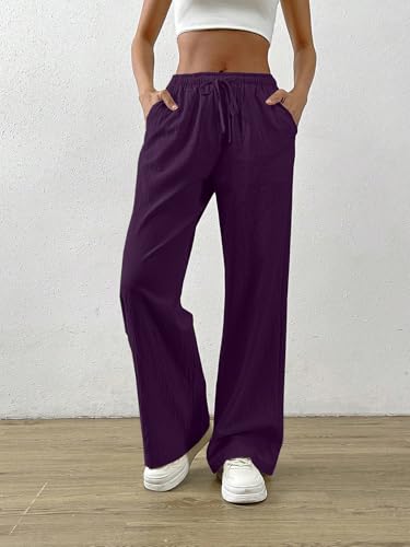 Image of TOPLOT Women's Linen Blend Wide Leg Palazzo Pants | Elastic Drawstring Waist Trousers for Woman | Relaxed Fit Casual Lounge Trousers | Breathable Straight Leg Everyday Bottom Wear (5268)
