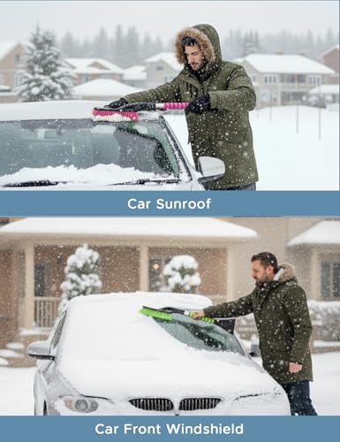 Image of Autovir 27 inch Car Snow Brush and Ice Scrapers for Car Windshield 2 Pack | Window Scraper with Ergonomic Foam Grip, Snow Removal for Car, Must Have Winter Car Accessories (Green and Pink)