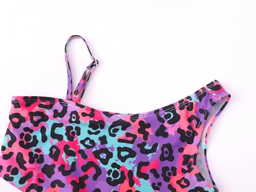Image of Dvenki Big Girls Asymmetric Cutout Swimsuit Adjustable Straps Sizes 6X-16 | color block, leopard, tropical prints, front lined swimwear, removable pads, suitable for beach, vacation, pool play
