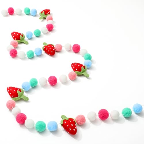 Image of JarThenaAMCS Strawberry Felt Banner 3D Strawberry Pom Ball Garland Colorful No DIY Required Bunting Garland for Birthday Baby Shower Party Supplies Hanging Decoration