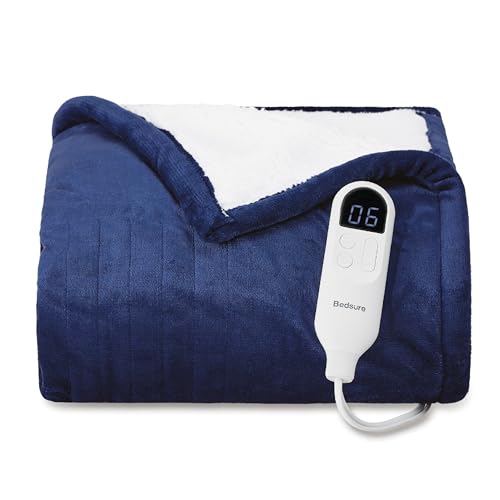 Bedsure Heated Blanket Throw Blanket - Fast Heating Electric Blanket, Soft Flannel Heated Throw with 4 Time Settings, 6 Heating Settings, Warm Gifts for Grandma, Women, Men (50"x60", Navy)