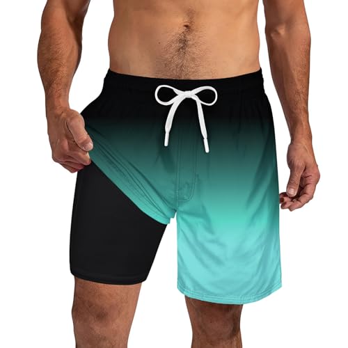 Cozople Board Shorts for Men's 7'' with Compression Liner Swimming Shorts Boxer Brief Lined Swimsuit Black Blue Gradient Swimsuit with Pocket L