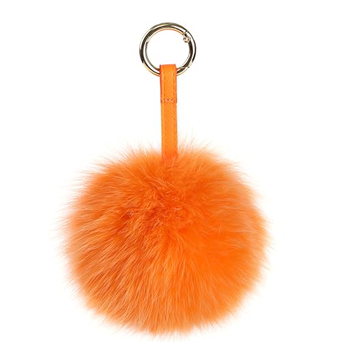 Pom Pom Keychain Fluffy Real Fox Fur Ball Keychain for Women Bag Purse car key Charms Orange 5.1inch