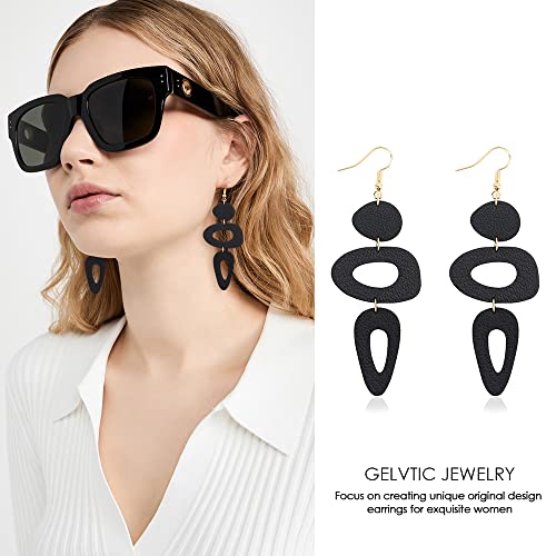 Gelvtic Genuine Leather Earrings For Women Girl Geometric Big Drop Dangle Earring Hook Stud Handmade Colorful Statement Lightweight Jewelry Gift For Her Christmas Valentines Holiday Party (Ea137-Black) #TOP1