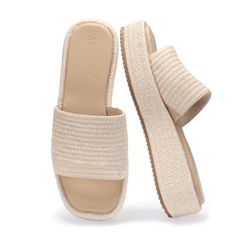 Image of Monrovia Platform Sandals Women Raffia Espadrille Slides, Woven Straw Flatform Beach Sandals Women, Slip On Summer Vacation Shoes, Comfortable Casual Daily Wear