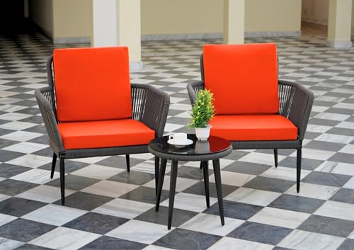 Image of DEVOKO 3 Piece Patio Outdoor All Weather Grey Rope Chair Bistro Set Furniture with Orange Cushions for Balcony, Garden, Backyard, Porch