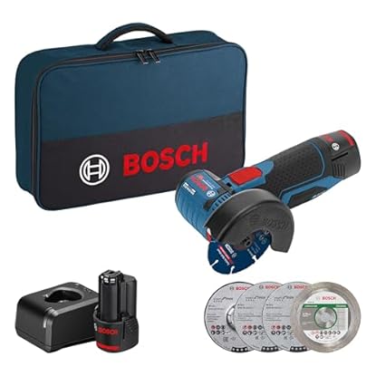 Foto di Bosch Professional 06019F200C Smerigliatrice Angolare GWS 12 V 76 (Sistema da 12 Volt, 2 batterie da 2.0 Ah, 5 Pezzi Set di Dischi da Taglio e Molatura, in Borsa), Blu, Size