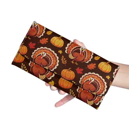Image of AFPANQZ PU Leather Women's Wallet Long Spacious Trifold Design Card Slots | Turkey Pumpkin Print Soft Leather Trifold Large Capacity Ladies Travel Purse Dust Resistnt Wallet, Fall Decor