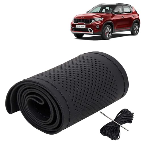 Image of KINGSWAY PU Leatherite Car Steering Cover Sewable Compatible with Kia Sonet (Year 2020 Onwards), Black Color with Black Thread, Pack of 1 with Sewing Needle and Thread