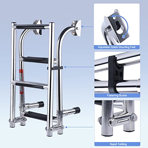 4 Step Pontoon Boat Ladder Stainless Steel Folding Outboard Ladder 2+2 Steps With Wide Pedals #TOP4
