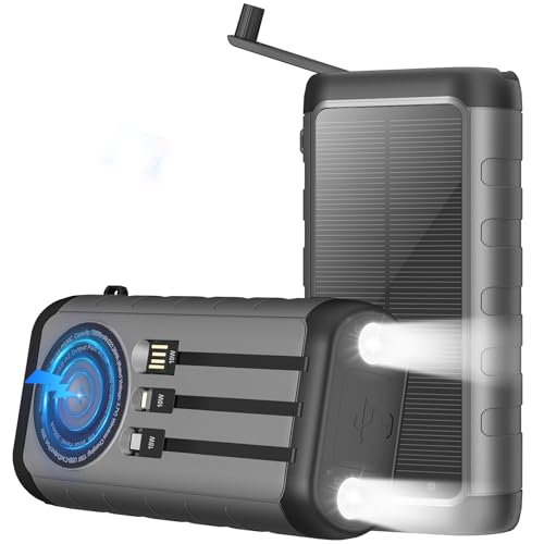 Solar Charger, 59800mAh Portable Power Bank for All Phones, Outdoor Waterproof Battery Pack Built in Hand Crank, 15W Wireless Charger 6 Outputs & 3 Inputs/LED Flashlights, Perfect for Camping Travel