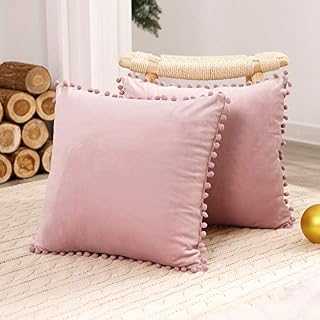 Deconovo 2 Pack Pom Pom Crushed Velvet Cushion Covers 18x18 Inches Throw Pillowcases for Sofa Chairs Bed Kids with Invisible Zipper 45 x 45 cm Light Pink