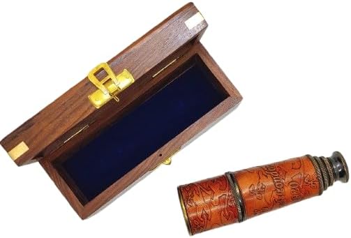 Vintage Brass Telescope – Handheld Nautical Pirate Spyglass for Navigation & Decor – Antique Brass Finish with Embossed (Wooden Box, Medium)