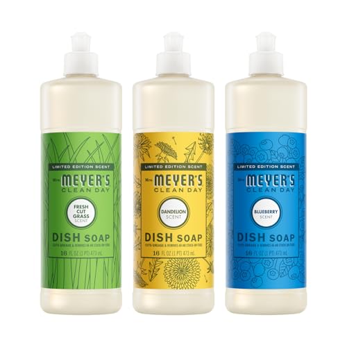 Image of Mrs. MEYER'S Clean Day Dish Soap 16 FL OZ Each, Fresh Cut Grass, Blueberry, Dandelion, 1 CT (Variety Pack)